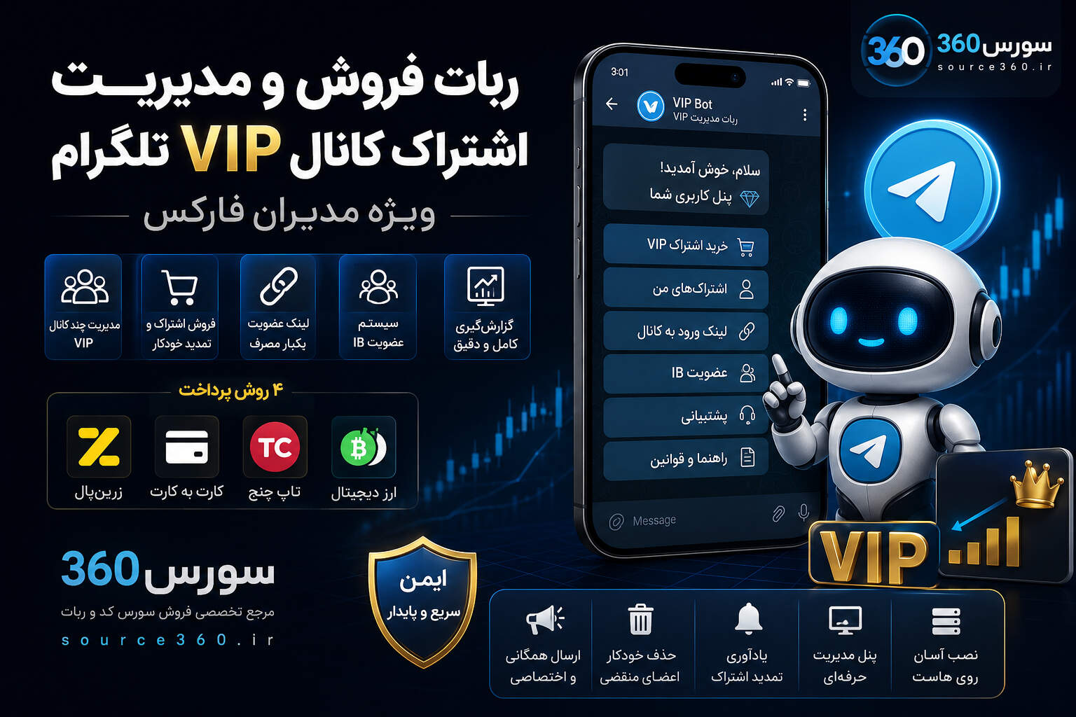 ربات فروش و مدیریت اشتراک کانال VIP تلگرام ویژه مدیران فارکس